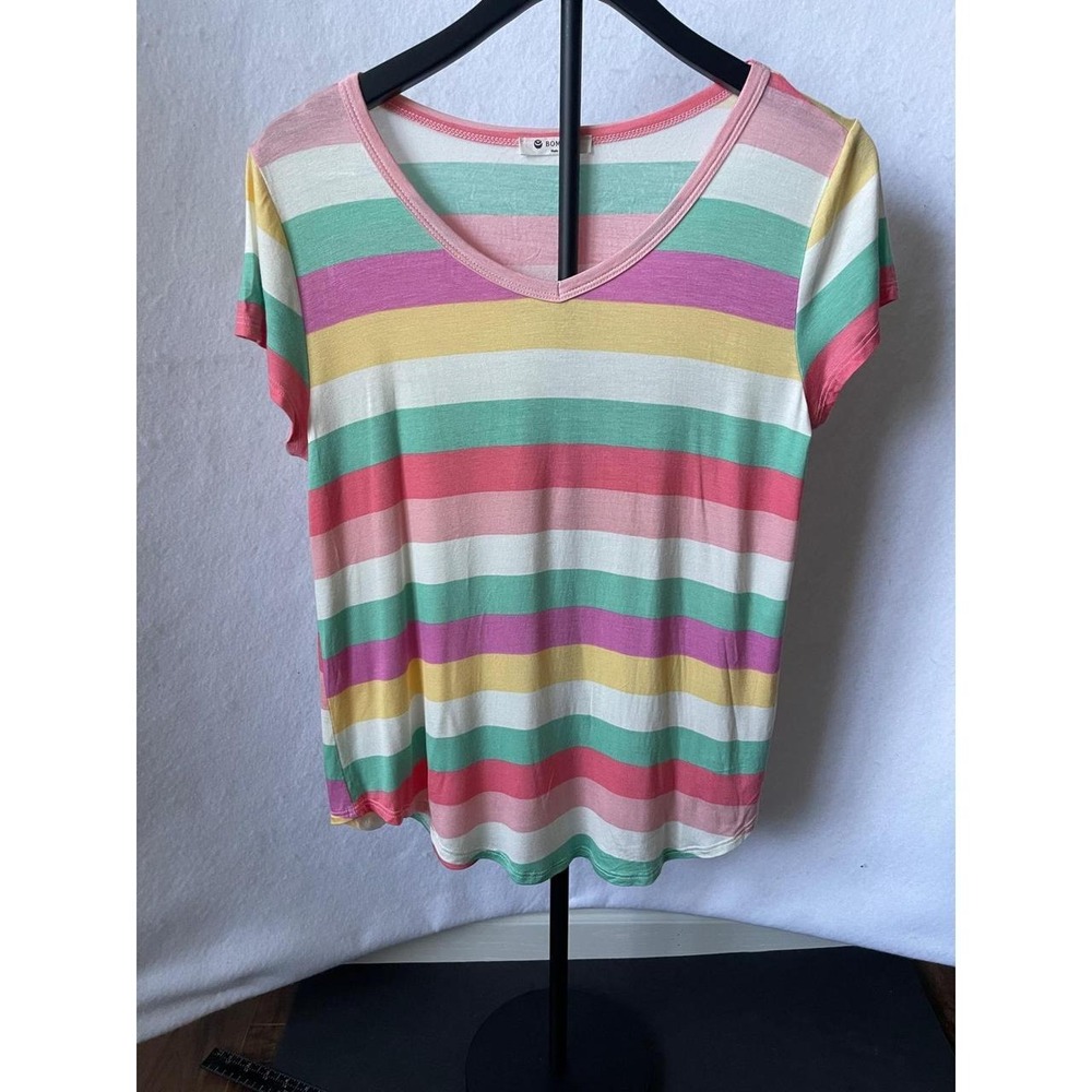 BOMBOM Womens Striped V-Neck Short Sleeve T-Shirt Pink Green Yellow Medium